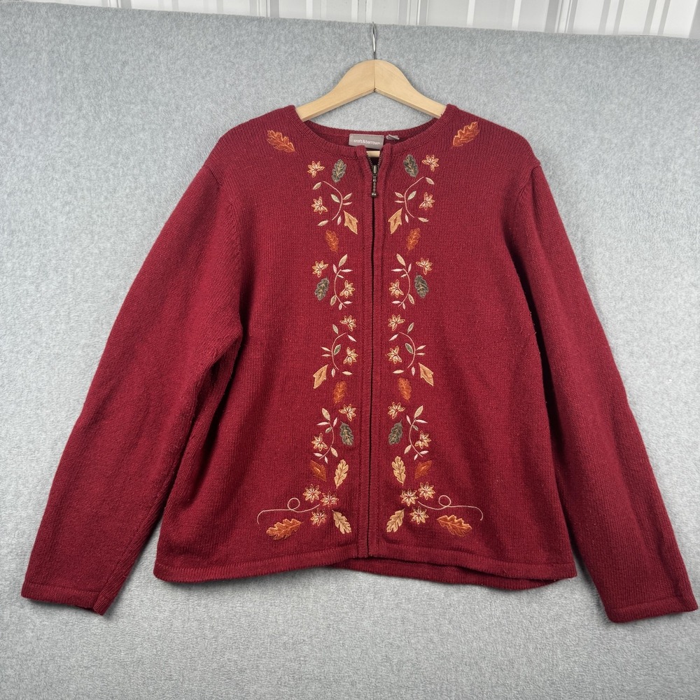 Croft & Barrow Cardigan Womens Large Red Embroidered Fall Leaf Grannycore Zip Up